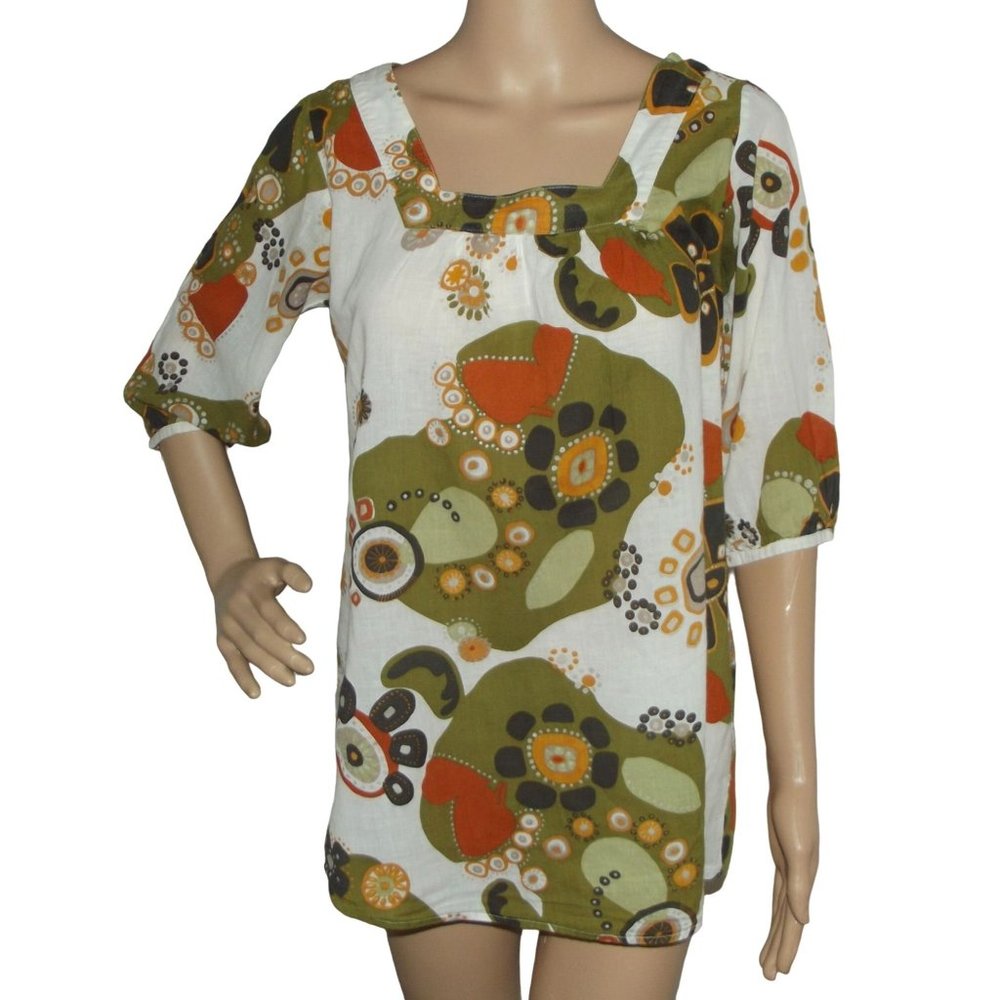 Antilia Femme Small Blouse green orange white retro tunic geo print shirt top